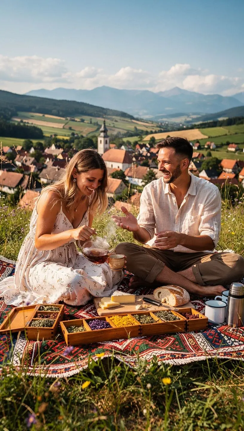 Záber na čajový obrad s rodinou okolo stola v prírode