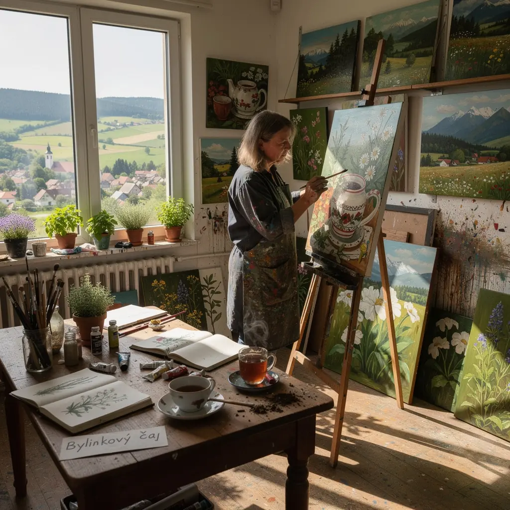 Historický čajový servis vystavený na pozadí slovenskej kultúry